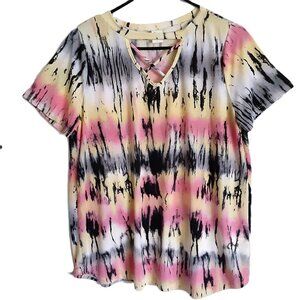 Sew in Love Blouse LARGE Short Sleeve Pullover Hippie Boho Round Neck Stretch